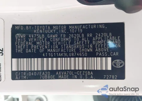 2020 Toyota Camry Se from USA, damaged, VIN 4T1G11AK9LU874650